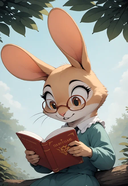score_9, score_8_up, score_7_up, score_6_up, score_5_up, score_4_up, (((rabbit))), female, solo, beige fur, brown eyes, cardigan, frilly shirt,  upper body shot, head focus, (cute:1), (feral:1.3), happy, holding book, (looking down, reading:1.5), nature, (side view:1), sky, blue sky, sun, sitting under tree,(paws), long ears, skirt,