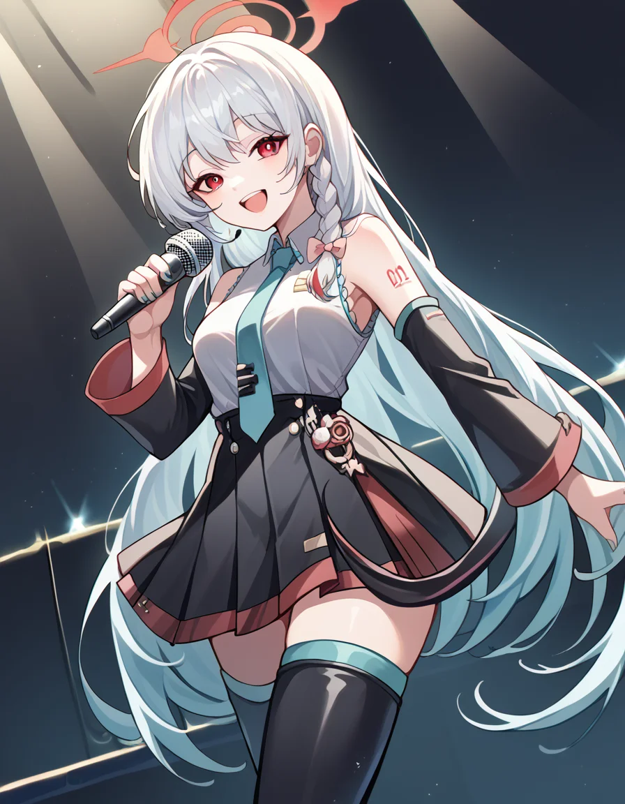 score_9, score_8_up, score_7_up, source_anime, <lora:haruna-kurodate-ponyxl-lora-nochekaiser:1>, haruna kurodate, haruna (blue archive), white hair, red eyes, demon girl, bangs, braid, single braid, long hair, halo, albino, medium breasts,, <lora:hatsune-miku-cosplay-ponyxl-lora-nochekaiser:1>, hatsunemikucosplay, hatsune miku (cosplay), aqua necktie, black footwear, black skirt, black sleeves, boots, collared shirt, detached sleeves, grey shirt, necktie, pleated skirt, shirt, skirt, sleeveless, sleeveless shirt, thigh boots, tie clip,, stage, stage lightings, singing, microphone, holding microphone, open mouth, smile, , cowboy shot, dutch angle,