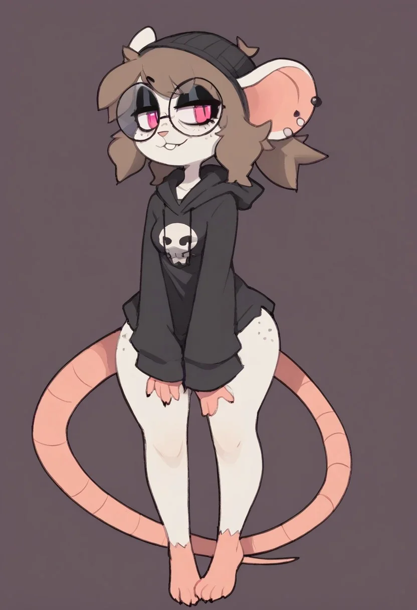 score_9, score_8_up, score_7_up, score_6_up, score_5_up, score_4_up, (solo:1.2) ((anthro, rat), big ears, pale skin, freckles, (long legs), goth, black eyeliner, pink eyes, (wide hips, thick thighs, thick legs), (short stature:1.2), slim, thin, petite, feminine, female, perky breasts, small breasts), (large round glasses, oversized baggy hoodie, black clothes, beanie, barefoot), (hair, short hair, boyish hair, unkempt hair, raggedy hair, (fluffy hair:1.2), brown hair, twintails, swirly hair), (shy, timid, dominant, neutral expression, smug), simple background, (cowboy shot:1.2), tmchng