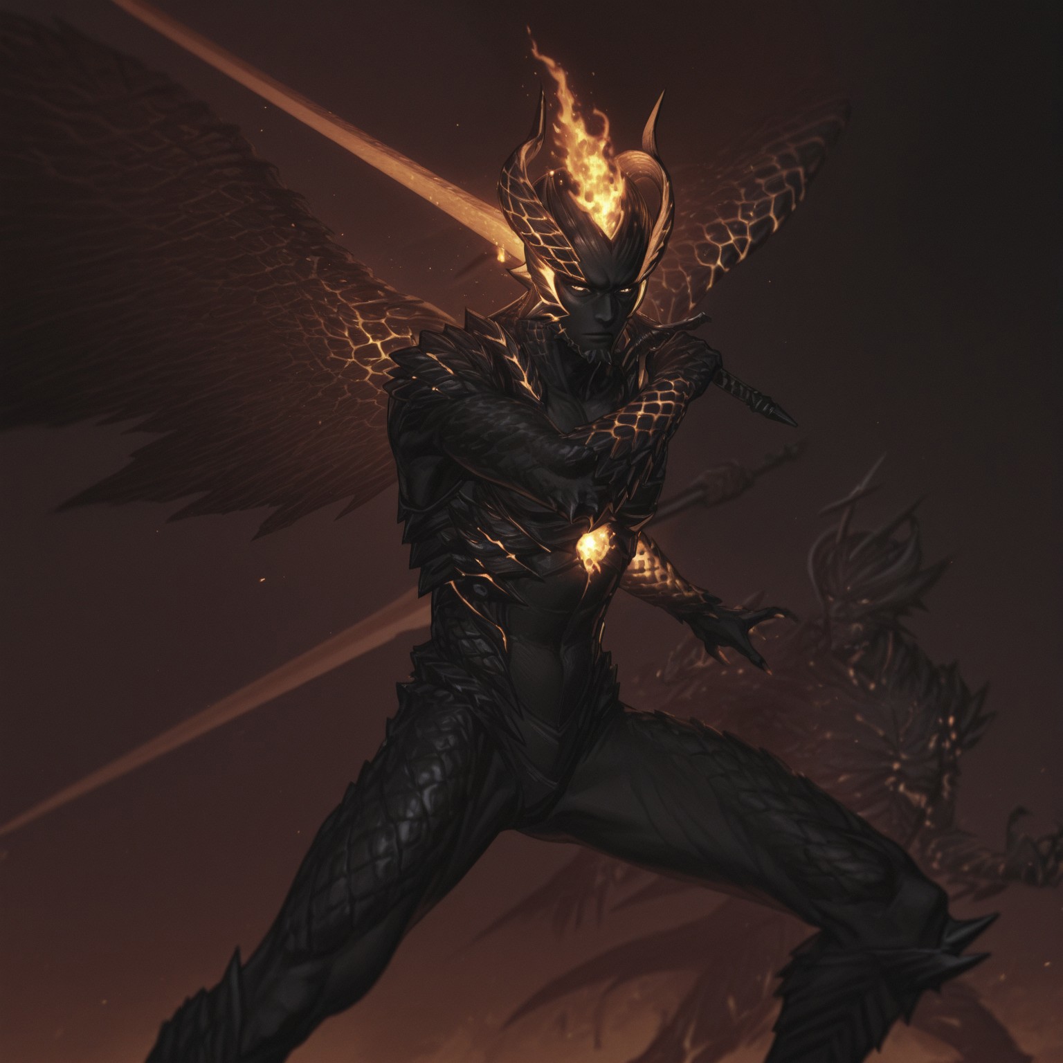 devil trigger, monster form, orange glow, ((colored skin, black skin, monster:1, armor, scales:1, demon, horns, holding sword, fire, wings), score:9, score:8, score:7