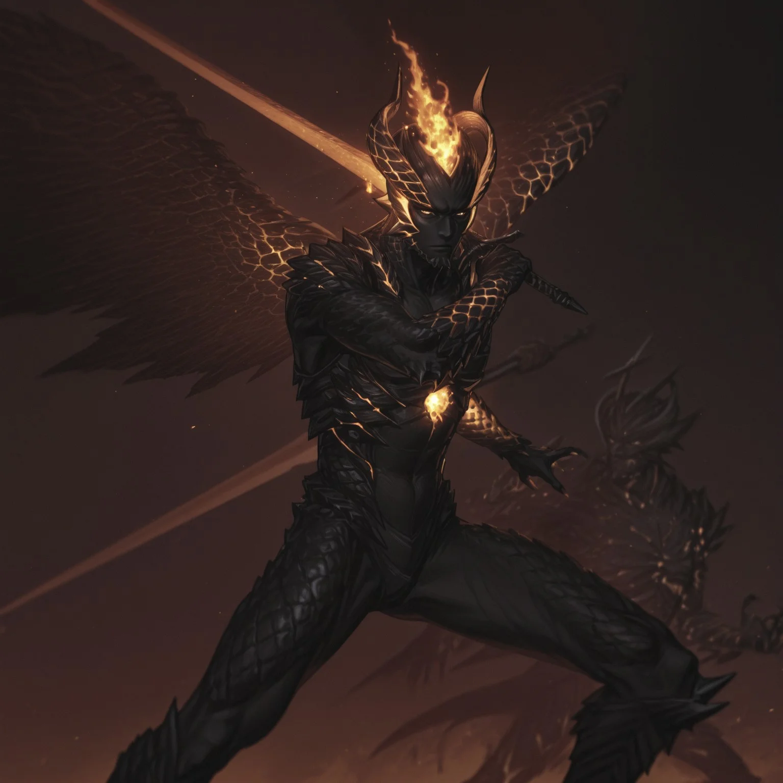 devil trigger, monster form, orange glow, ((colored skin, black skin, monster:1, armor, scales:1, demon, horns, holding sword, fire, wings), score:9, score:8, score:7