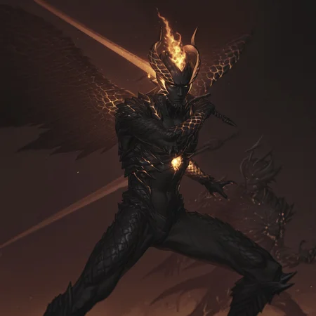devil trigger, monster form, orange glow, ((colored skin, black skin, monster:1, armor, scales:1, demon, horns, holding sword, fire, wings), score:9, score:8, score:7