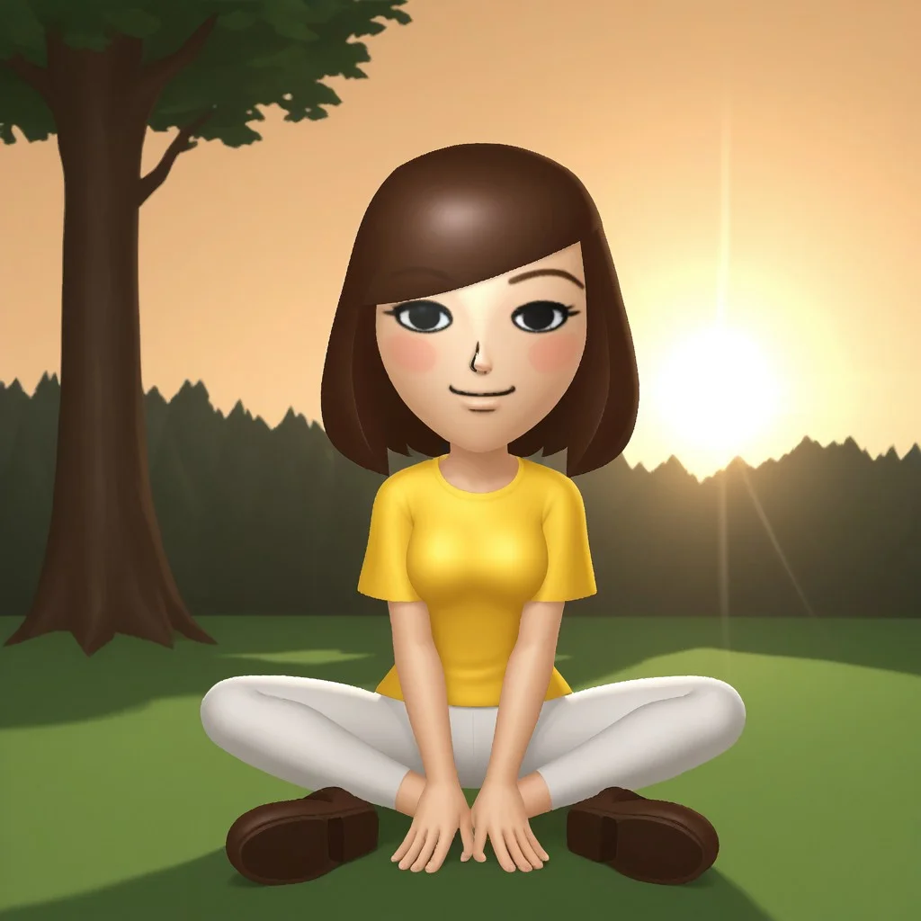 score_9, score_8, BREAK, solo, wii, mii, wii sports, 1girl, female mii, black eyes, brown hair, brown eyebrows, blush, yellow clothing, white pants, shoes, nintendo mii, modern_mii, classic_mii, breasts, Mizuho_(Wii_Sports), cute, sexy pose, smile, outdoors, sunlight, shadows, evening lighting, natural lighting, forest, trees, grass, orange sky, sunset