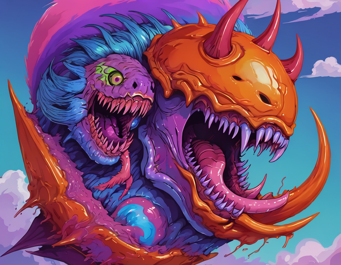 <lora:brho:0.5>brho, hyperbeast with blue sharp teeth and long purple tongue inside of pointed orange shell attached with red goo and pink purple hair with clouds and green blue background,