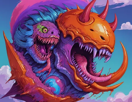 <lora:brho:0.5>brho, hyperbeast with blue sharp teeth and long purple tongue inside of pointed orange shell attached with red goo and pink purple hair with clouds and green blue background,