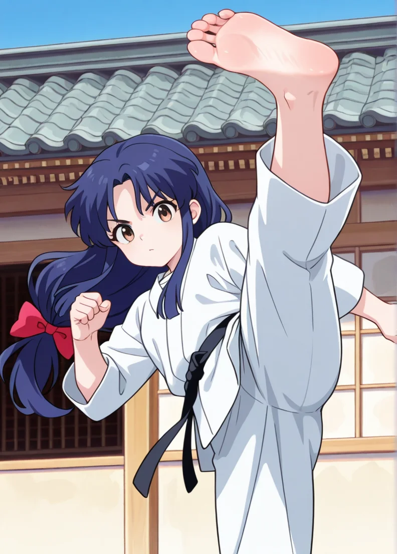 masterpiece, best quality, amazing quality, very aesthetic, absurdres, newest, detailed background, 4k, 8k, outdoors,
akanexd, 1girl, kicking, solo, low-tied long hair, long hair, brown eyes, bow, dougi, hair bow, barefoot, high kick, blue hair, looking at viewer, feet, soles, fighting stance, 
 <lora:Akane_Tendo_-_Ranma_12_Remake_Illustrious:1>