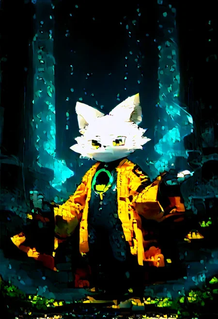zuppu11, full body, solo, furry, score_9, score_8_up, look at viewer, male focus, no humans, furry male, flux-style, detailed eyes, yi, yellow coat, coat long sleeves, wide sleeves, robe, haori, body suit, white fur, green ring on chest, animal ears, furry, furry male, black eyes, body fur, no mouths, fangs