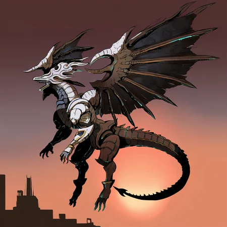 highres, best quality, masterpiece, very aesthetic, newest,solo,dorugoramon,no humans,mecha dragon,wings,horns,tail,biomechanical,epic,vivid detail,araki hirokiro,dark souls,gothic,grimdark,flying,outdoors,city,futuristic,cyberpunk, <lora:DorugoramonIllustrious:1>