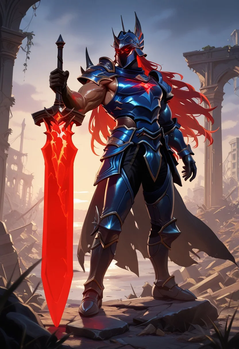 masterpiece, best quality, amazing quality, very aesthetic, high resolution, ultra-detailed, absurdres, newest, colorful, rim light, backlit, highest detailed, very awa, 1boy, male focus, NightmareSC, red hair, long hair, red eyes, glowing eyes, pectorals, muscular male, parody, solo, mutated arm, clawed arm, malfested arm, blue armor, helmet, ruins, holding greatsword, holding weapon, mutated greatsword