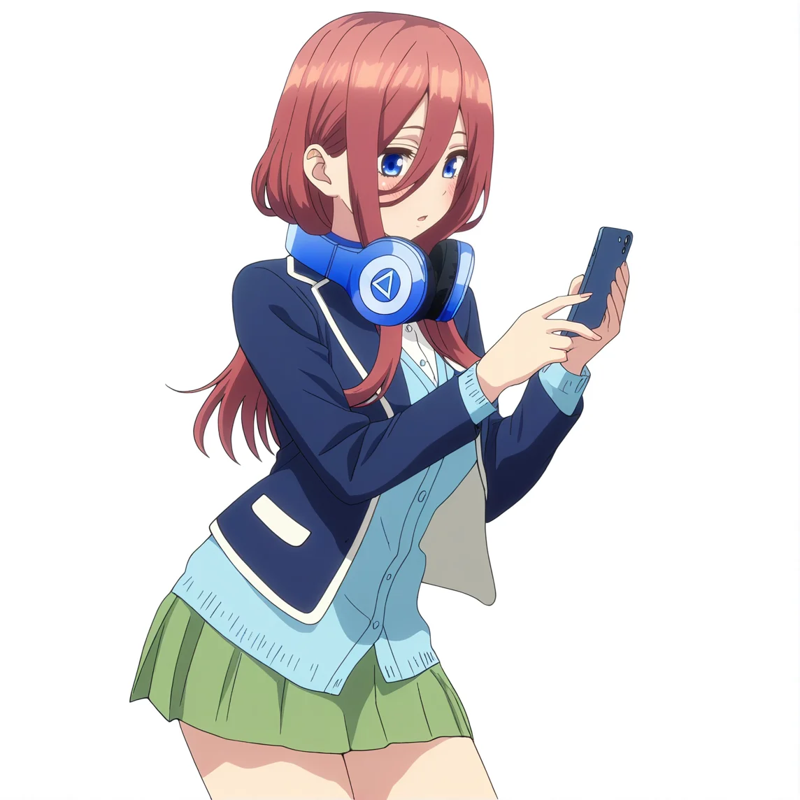 masterpiece, high quality, high res, absurd res, ultra high quality,
<lora:Miku_Nakano_Illustrious_v57:1>, M1kuNakan0_Illu, 1girl, solo, brown-red_hair, hair_over_eye, long_hair, bangs, dark-blue_eyes, headphones, triangle_logo, dark-blue_blazer, open_blazer, cyan_shirt, blushing, holding_phone, cowboy shot, white background, simple background, green_miniskirt, tights