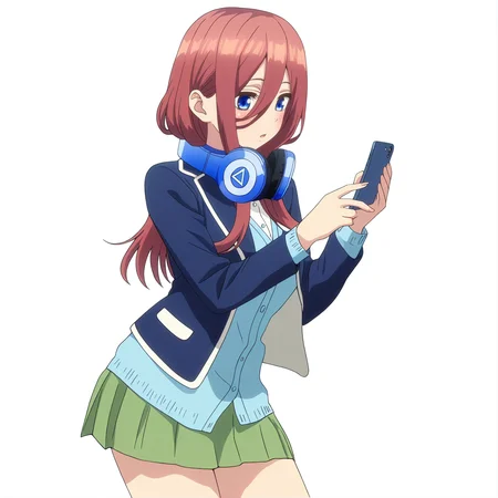 masterpiece, high quality, high res, absurd res, ultra high quality,
<lora:Miku_Nakano_Illustrious_v57:1>, M1kuNakan0_Illu, 1girl, solo, brown-red_hair, hair_over_eye, long_hair, bangs, dark-blue_eyes, headphones, triangle_logo, dark-blue_blazer, open_blazer, cyan_shirt, blushing, holding_phone, cowboy shot, white background, simple background, green_miniskirt, tights