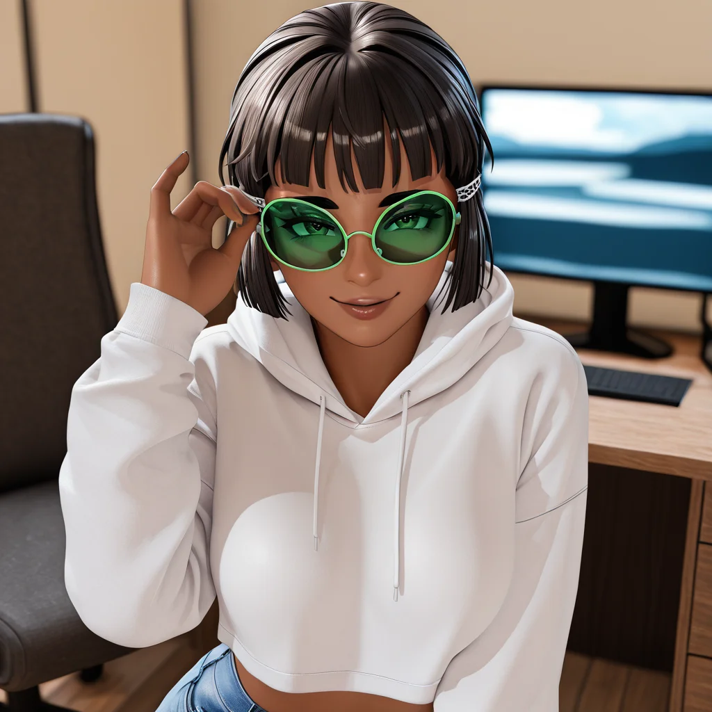 masterpiece,,glasses_on, alien_glasses,wearing glasses,green sunglasses,
1girl, myoukou kai ni \(kancolle\), naughty face, sainty, high-key lighting, light painting, (close-up:0.4), cinematic, ganguro, cropped hoodie, plastic jacket, denim shorts, 3d background, blurry, blurry background, chair, desk, monitor,
, <lora:glasses_illus:0.9>,