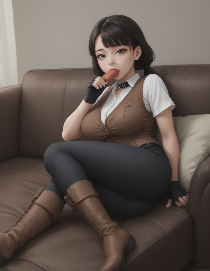 score_9, score_8_up, absurdres,  screencap, subsurface scattering, BREAK, black hair, low twintails,, BREAK, green eyes, long eyelashes, small nose, small mouth, tareme, pale skin, swept bangs, blunt bangs, [large eyes], eyeliner, BREAK, (black animal collar), low-tied hair, twintails, black hairties, sidelocks, big hair, small mouth, BREAK, (((food in mouth, sausage))), banana stick, head back, sucking on popsicle, (sausage in mouth), ((throat bulge)), thick banana, (((food in mouth))), BREAK, sucking, open mouth, swallowing, eating, deepthroat, full mouth, throat bulge, sucking, vacuum lips, head back, BREAK, ((head back)), throat bulge, hand to own mouth, sucking, rating_questionable, looking at viewer, BREAK, minigirl, shortstack, curvy, skinny thighs, very short girl, petite, midget, huge breasts, BREAK, gigantic breasts, narrow thighs, very small female, t1nyg1rlz, wide hips, BREAK, minigirl, small girl, midget, curvy, <lora:ALTXL_pony_0061_8 anti long torso:2.5>  <lora:oppai_v0.1-pony:0.25> <lora:Very_Small_Women:0.5>, BREAK, short torso, BREAK, (((chocolate brown leather vest))), black short sleeves, black t-shirt BREAK, black leather pants, skintight black pants, long black pants, brown fingerless gloves, BREAK, chocolate brown thigh boots, brown belt, dark brown leather vest, BREAK, (((on side, lying))), looking at viewer, sexy pose, BREAK, on side, hanging breasts, rating_questionable, cowboy shot, sofa, lying on sofa, BREAK, <lora:BackgroundDetailerV3:0.6>,