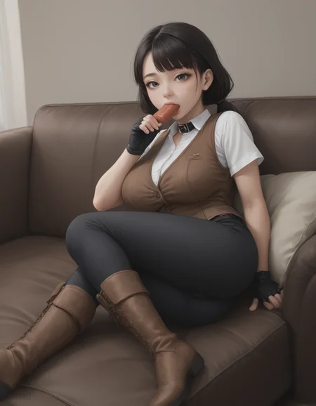 score_9, score_8_up, absurdres,  screencap, subsurface scattering, BREAK, black hair, low twintails,, BREAK, green eyes, long eyelashes, small nose, small mouth, tareme, pale skin, swept bangs, blunt bangs, [large eyes], eyeliner, BREAK, (black animal collar), low-tied hair, twintails, black hairties, sidelocks, big hair, small mouth, BREAK, (((food in mouth, sausage))), banana stick, head back, sucking on popsicle, (sausage in mouth), ((throat bulge)), thick banana, (((food in mouth))), BREAK, sucking, open mouth, swallowing, eating, deepthroat, full mouth, throat bulge, sucking, vacuum lips, head back, BREAK, ((head back)), throat bulge, hand to own mouth, sucking, rating_questionable, looking at viewer, BREAK, minigirl, shortstack, curvy, skinny thighs, very short girl, petite, midget, huge breasts, BREAK, gigantic breasts, narrow thighs, very small female, t1nyg1rlz, wide hips, BREAK, minigirl, small girl, midget, curvy, <lora:ALTXL_pony_0061_8 anti long torso:2.5>  <lora:oppai_v0.1-pony:0.25> <lora:Very_Small_Women:0.5>, BREAK, short torso, BREAK, (((chocolate brown leather vest))), black short sleeves, black t-shirt BREAK, black leather pants, skintight black pants, long black pants, brown fingerless gloves, BREAK, chocolate brown thigh boots, brown belt, dark brown leather vest, BREAK, (((on side, lying))), looking at viewer, sexy pose, BREAK, on side, hanging breasts, rating_questionable, cowboy shot, sofa, lying on sofa, BREAK, <lora:BackgroundDetailerV3:0.6>,