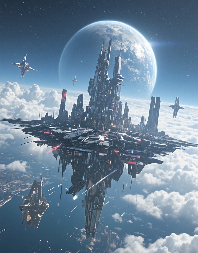 <lora:Space_Worlds_01__Poetic_fluxbeta4:1> sw01p_flux. above a planet, well above the ground with a cyberpunk city and sea, well above the clouds, there is a huge space station with a cyberpunk city on it. Some airships fly above the clouds to reach the space station.