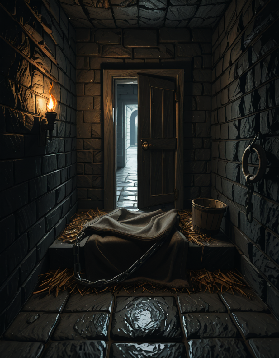 A hyper-realistic photo of a dark medieval dungeon cell inspired by Skyrim, with cold, damp stone walls covered in patches of moss and cracks. The floor is made of uneven cobblestones, partially wet with small puddles reflecting dim torchlight. An old, rusted iron-barred door is slightly ajar, casting long shadows on the ground. In the corner, a pile of straw serves as a makeshift bed, with a thin, tattered blanket thrown over it. Chains and shackles hang from the walls, showing signs of centuries of use. A small wooden bucket sits beside the bed, used as a primitive toilet. The atmosphere is heavy and oppressive, filled with a faint mist in the air. The only source of light comes from a single flickering torch mounted on the wall outside the cell, creating dramatic, warm orange glows contrasting with deep, cold shadows. The photo is taken from a slightly low angle, as if from the perspective of someone crouched on the floor inside the cell, adding a sense of claustrophobia and confinement. Ultra-realistic textures, high detail, cinematic lighting, 4K quality.
<lora:SDXLFaeTastic2400:0.4> <lora:extremely_detailed:0.4> extremely detailed,,dungeon c3ll <lora:dungeon_c3ll-i:1>, Masterpiece,best quality,hi res,8k,hi res,8k,award winning,(sharp focus, intricate, highly detailed),