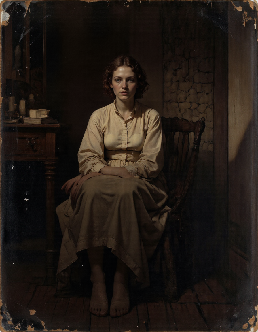 The  WB ambrotype old scratched and stained photo shows a Rembrandt style full body shot of, <lora:SuperModel-V8:1>, This is a highly emotive, realistic oil painting that captures the raw vulnerability of a woman sitting in near-total darkness, her presence both intimate and profound. The scene invites viewers into her private moment of weariness, creating an unspoken connection through her steady gaze., Subject Description, Figure : The woman has a full-bodied frame, with soft curves that reflect strength and warmth. Her posture conveys exhaustionâslightly slouched but still upright, as if sheâs trying to maintain dignity despite her fatigue. Her small breasts are natural and unaltered, adding to the authenticity of her form., Skin Tone & Complexion : Her skin glows faintly under the dim light, revealing subtle imperfections such as faint freckles or lines around her eyes, which enhance her humanity. A pale sheen of sweat glistens on her forehead, hinting at physical exertion or emotional strain., Hair : Her hair falls loosely over her shoulders, framing her face in a way that draws attention to her expression. It may be slightly disheveled, reflecting her state of mind., Expression, Her face carries a look of quiet contemplation mixed with exhaustion. Her eyes, though weary, lock onto the viewer with unwavering intensity, creating a sense of intimacy and shared understanding. Thereâs no smile, nor frownâjust a neutral yet deeply meaningful stare that feels almost confrontational in its honesty., Pose, She sits directly facing the viewer, knees bent and feet flat on the ground. Her arms rest lightly on her thighs, fingers relaxed but not entirely limp. This straightforward pose emphasizes her openness and vulnerability, inviting the audience to meet her gaze without distraction., Lighting & Background, The setting is shrouded in deep shadows, with only a minimal source of light illuminating her figure from the front. This could be a single candle or the faint glow of moonlight filtering through a nearby window. The background is almost entirely obscured by darkness, allowing the woman to dominate the composition. However, hints of textureâa rough stone wall or worn wooden floorâcan peek through the shadows, grounding the scene in reality., Atmosphere, The mood is introspective and somber, underscored by the stark contrast between her illuminated form and the surrounding gloom. The absence of color (apart from the warm tones of her skin) enhances the sense of isolation and focus, drawing all attention to her presence and expression., Details, Texture : Pay close attention to the textures of her skin, hair, and the surfaces around her. Every wrinkle, strand of hair, and grain of wood should feel tangible, pulling the viewer deeper into the scene., Color Palette : Use muted earthy tonesâsoft browns, grays, and creamsâfor her skin and surroundings. Any highlights should remain subtle, preserving the subdued atmosphere., Emotional Weight : Convey her weariness not just through her posture but also through her facial musclesâthe slight sagging of her eyelids, the gentle tension in her jaw, and the way her lips part ever so slightly as if sheâs about to speak but holds back., Overall Style, The painting adheres to the principles of classical realism, focusing on precise anatomy and lifelike detail while infusing the piece with modern psychological depth. Its simplicity belies its complexity, offering layers of meaning for those who take the time to engage with it fully., . Whole outfit, clear, sharp, balanced . Baroque, chiaroscuro, realistic, emotional, "flat lighting