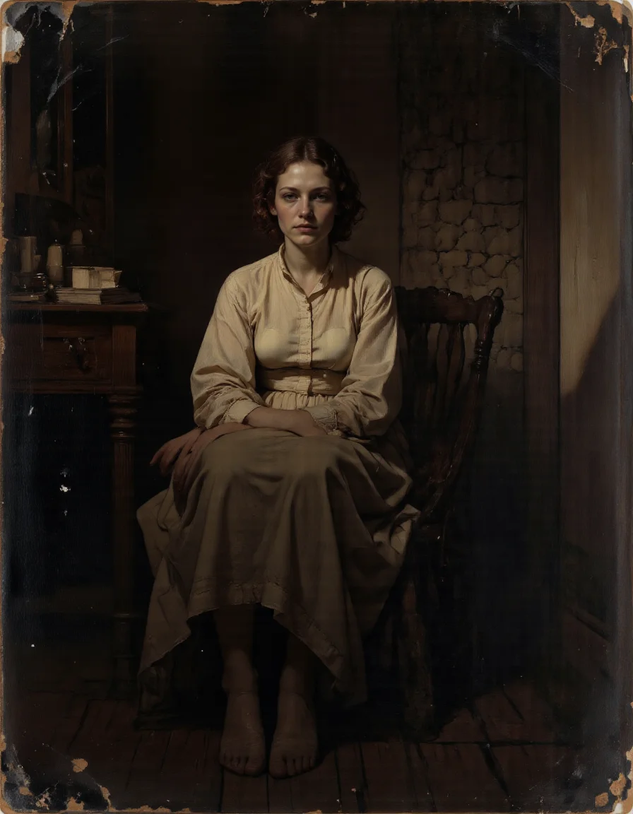 The  WB ambrotype old scratched and stained photo shows a Rembrandt style full body shot of, <lora:SuperModel-V8:1>, This is a highly emotive, realistic oil painting that captures the raw vulnerability of a woman sitting in near-total darkness, her presence both intimate and profound. The scene invites viewers into her private moment of weariness, creating an unspoken connection through her steady gaze., Subject Description, Figure : The woman has a full-bodied frame, with soft curves that reflect strength and warmth. Her posture conveys exhaustionâslightly slouched but still upright, as if sheâs trying to maintain dignity despite her fatigue. Her small breasts are natural and unaltered, adding to the authenticity of her form., Skin Tone & Complexion : Her skin glows faintly under the dim light, revealing subtle imperfections such as faint freckles or lines around her eyes, which enhance her humanity. A pale sheen of sweat glistens on her forehead, hinting at physical exertion or emotional strain., Hair : Her hair falls loosely over her shoulders, framing her face in a way that draws attention to her expression. It may be slightly disheveled, reflecting her state of mind., Expression, Her face carries a look of quiet contemplation mixed with exhaustion. Her eyes, though weary, lock onto the viewer with unwavering intensity, creating a sense of intimacy and shared understanding. Thereâs no smile, nor frownâjust a neutral yet deeply meaningful stare that feels almost confrontational in its honesty., Pose, She sits directly facing the viewer, knees bent and feet flat on the ground. Her arms rest lightly on her thighs, fingers relaxed but not entirely limp. This straightforward pose emphasizes her openness and vulnerability, inviting the audience to meet her gaze without distraction., Lighting & Background, The setting is shrouded in deep shadows, with only a minimal source of light illuminating her figure from the front. This could be a single candle or the faint glow of moonlight filtering through a nearby window. The background is almost entirely obscured by darkness, allowing the woman to dominate the composition. However, hints of textureâa rough stone wall or worn wooden floorâcan peek through the shadows, grounding the scene in reality., Atmosphere, The mood is introspective and somber, underscored by the stark contrast between her illuminated form and the surrounding gloom. The absence of color (apart from the warm tones of her skin) enhances the sense of isolation and focus, drawing all attention to her presence and expression., Details, Texture : Pay close attention to the textures of her skin, hair, and the surfaces around her. Every wrinkle, strand of hair, and grain of wood should feel tangible, pulling the viewer deeper into the scene., Color Palette : Use muted earthy tonesâsoft browns, grays, and creamsâfor her skin and surroundings. Any highlights should remain subtle, preserving the subdued atmosphere., Emotional Weight : Convey her weariness not just through her posture but also through her facial musclesâthe slight sagging of her eyelids, the gentle tension in her jaw, and the way her lips part ever so slightly as if sheâs about to speak but holds back., Overall Style, The painting adheres to the principles of classical realism, focusing on precise anatomy and lifelike detail while infusing the piece with modern psychological depth. Its simplicity belies its complexity, offering layers of meaning for those who take the time to engage with it fully., . Whole outfit, clear, sharp, balanced . Baroque, chiaroscuro, realistic, emotional, "flat lighting