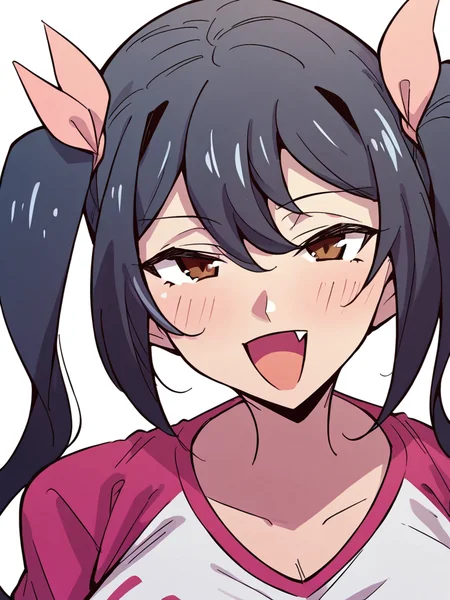 score_9, score_8_up, score_7_up,  
1girl, reina tk, black hair, long twintails, hair ribbon,  
brown eyes, huge breasts,
face, close-up, narrowed eyes, open mouth, smile, fang, looking at viewer, white background,

t-shirt raglan sleeves, pink sleeves, 
