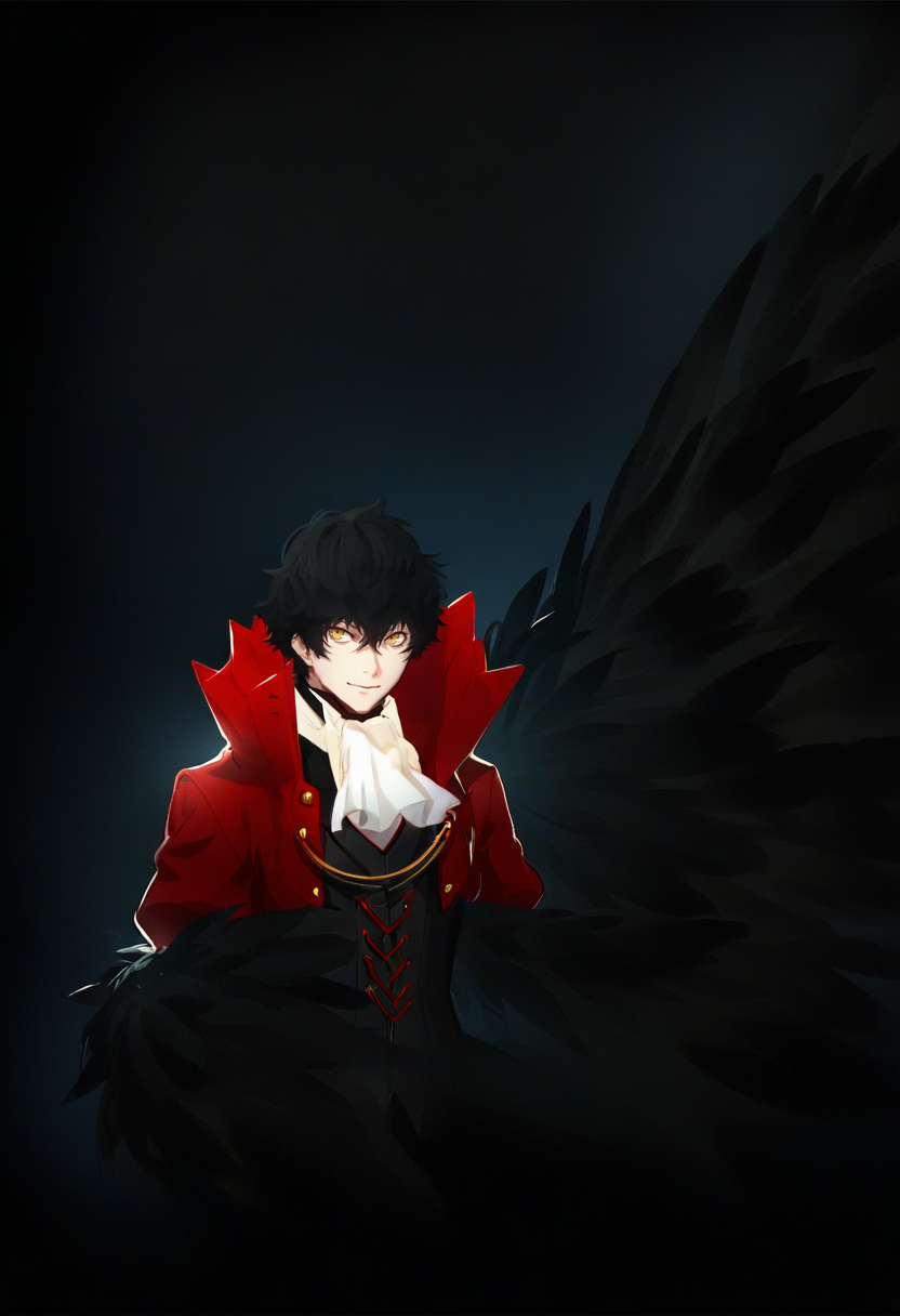 1boy, male focus, black hair, solo, gloves, amamiya ren, red gloves, wings, smile, ascot, yellow eyes, black wings, hair between eyes, jacket, red jacket, white ascot, looking at viewer <lora:solaXL_NBVP1_lokr_V6311PZ:0.95>