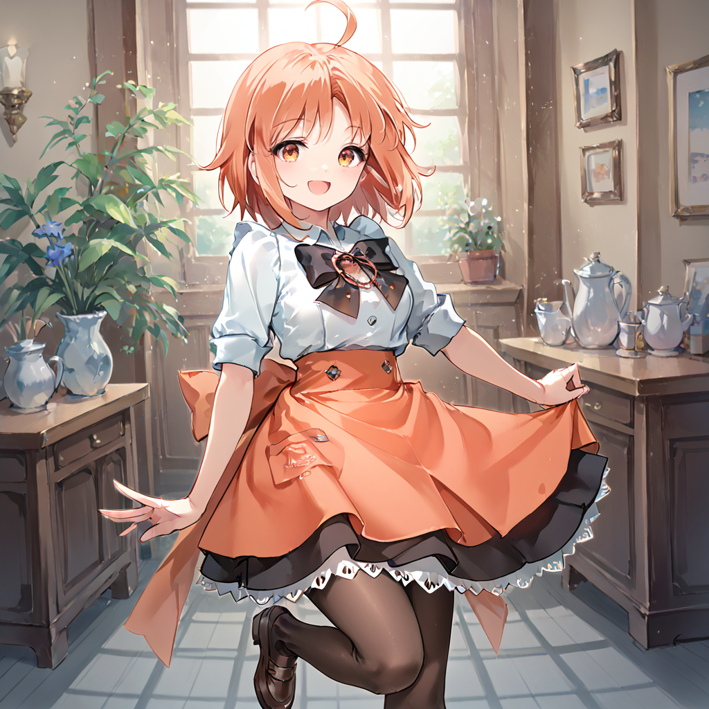 score_9, score_8_up, score_7_up, masterpiece, zPDXL2, 1girl, solo, source_anime, hibiki, orange hair, ahoge, orange eyes, short hair, maid uniform, white shirt, pantyhose, orange skirt, indoors, smile, open mouth, good hands, looking at viewer, <lora:Hibiki_and_Chikagi_v2:0.7>