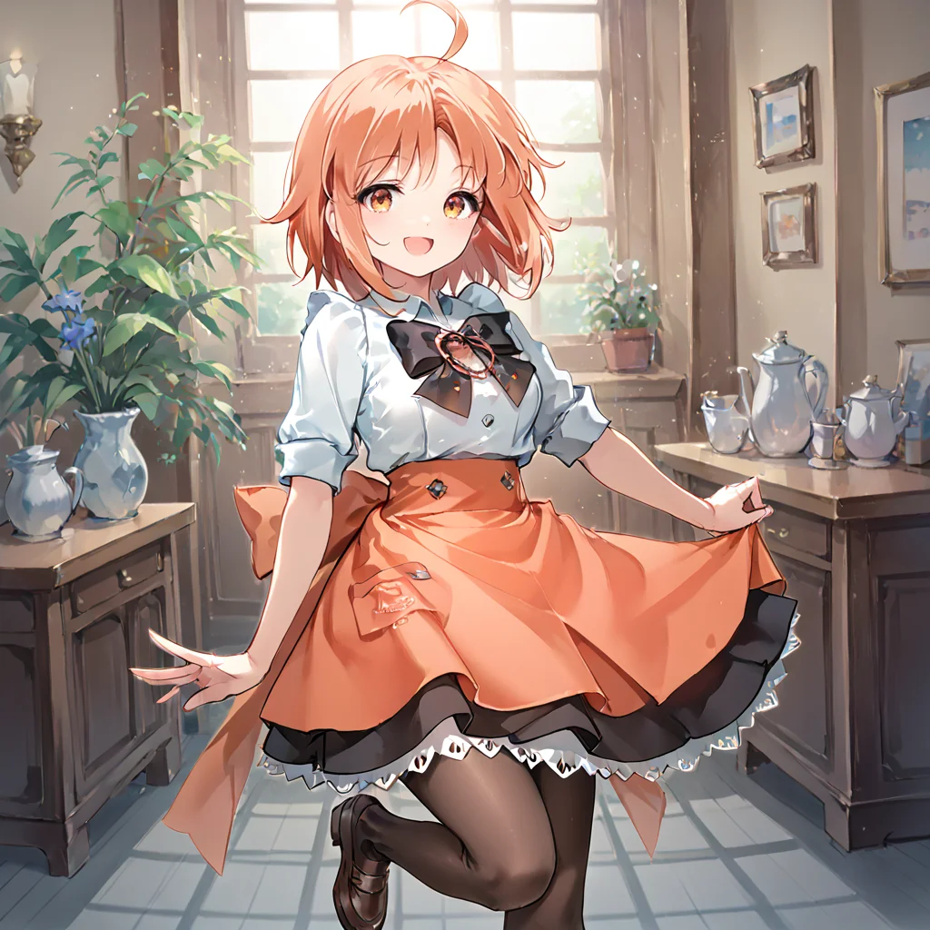 score_9, score_8_up, score_7_up, masterpiece, zPDXL2, 1girl, solo, source_anime, hibiki, orange hair, ahoge, orange eyes, short hair, maid uniform, white shirt, pantyhose, orange skirt, indoors, smile, open mouth, good hands, looking at viewer, <lora:Hibiki_and_Chikagi_v2:0.7>