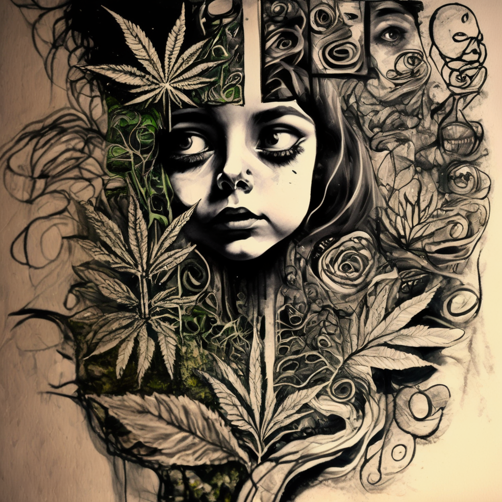 corcoc5s marijuana leaves and bushes, girl's face, very detailed, ink<lora:corcoc5s:1>