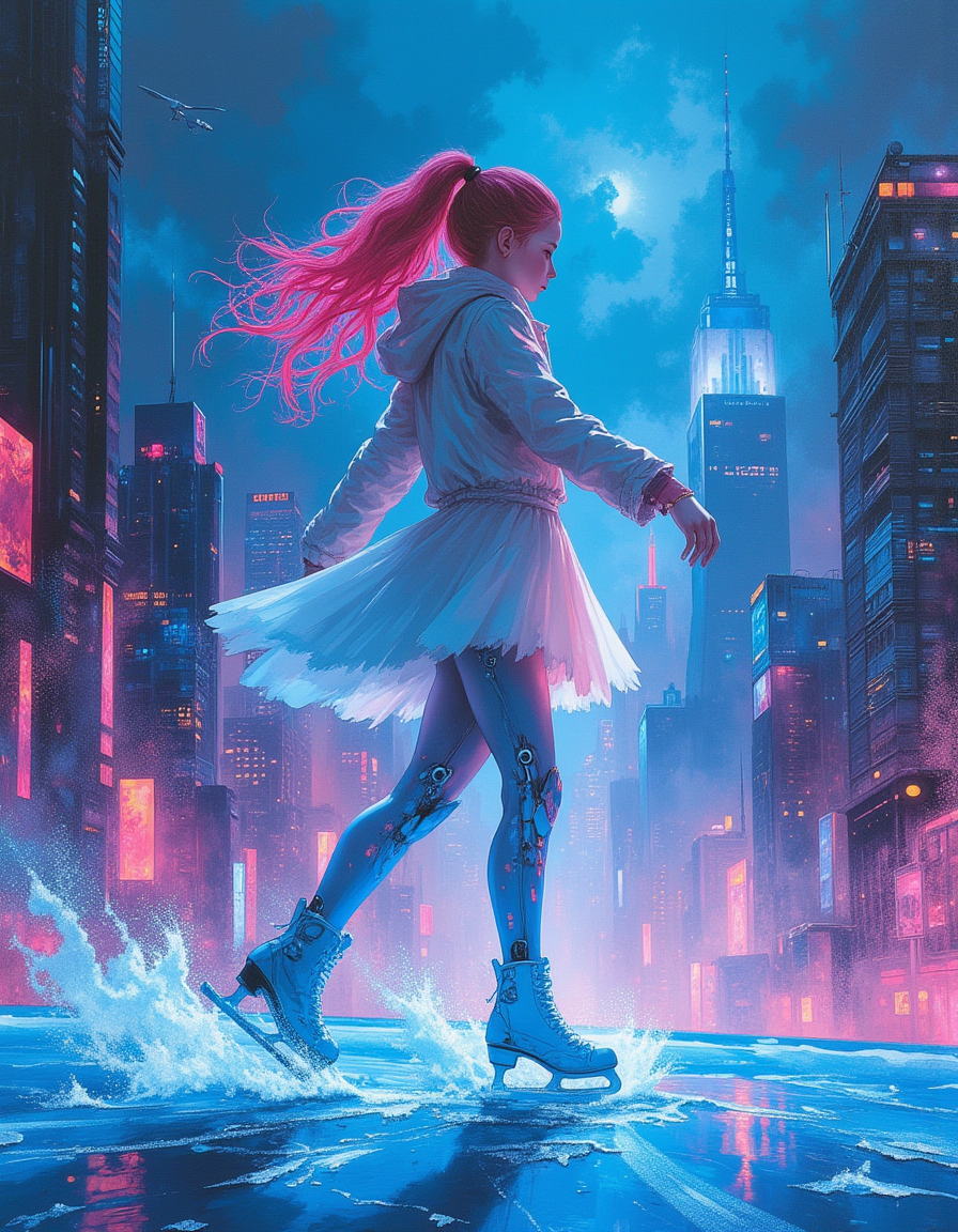 An oil painting of a young teen female andriod ice skater gracefully glides across an ice track on the roof of a mile-high skyscraper in a bustling Cyberpunk city. The neon lights of the cityscape below create a vibrant glow, reflecting off the skater's sleek, and her white futuristic outfit. Her bright pink hair is in a ponytail, her eyes are blue, and skin is the palest of white. Her arms, hands, and legs are cybernetic, a blue glow emanating from her joints.  Surrounding skyscrapers tower in the background, adorned with holographic advertisements and flying vehicles darting through the sky. The skater's movements are fluid and precise, a gleaming cyberpunk city as their backdrop.
Her looks are like fashion model's. Masterful painting, oil on canvas, Focus on the girl, shadow and light, Masterpiece, intricate lines, intriguing atmosphere, sharp magnificent details, delicate features, elaborate details, (2\3 rule composition:0.5), ultra detailed, romantic, Rembrandt lighting, brush stroke, lovely, del1cate_balance style, in the style of Rembrandt. vantablack <lora:style_of_Rembrandt_FLUX_135:.8> <lora:- Flux1 - vanta_black_V2.0:.6> <lora:Delicate_Balance:.3> <lora:neeeg_f1:-1> <lora:Midjourney_Whisper_Minimal:.3>
