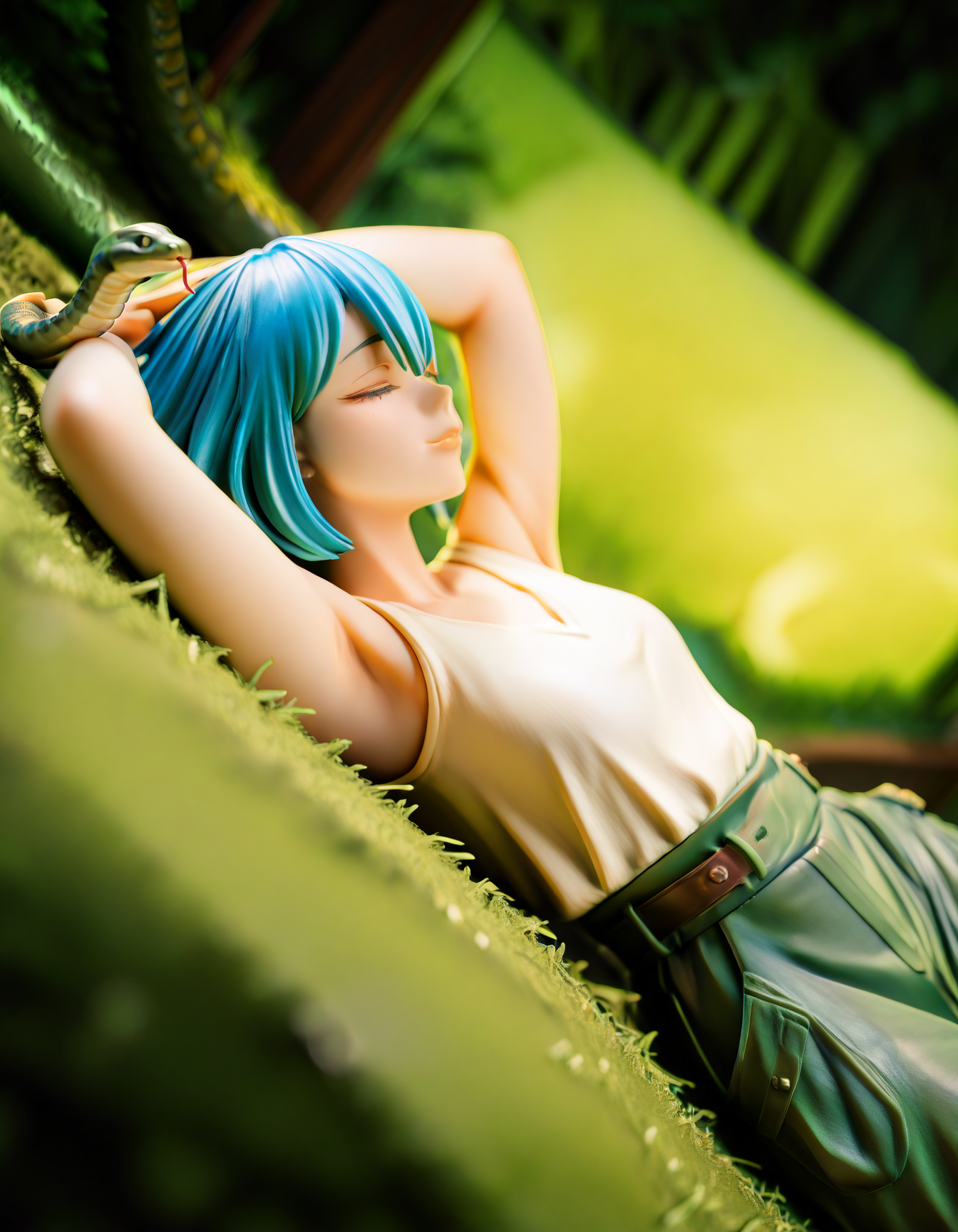 cinematic film still , masterpiece, best quality, very aesthetic, absurdres,
art by Masakazu Katsura, dutch angle, Laser light for a futuristic and otherworldly feel (Laser Lighting)., handfixer, usnr, sfw, sn4k3,
thai, full-face blush, snake on shoulders, natural colors, forest green, sky blue, brown hugging upper body clothing, v-neck, organza,   sleeveless, maxi length, empire waist, utility loops,,dip dye wash,,pockets,,ripped or distressed look,cargo pockets, draped lower body clothing, plasma-lace leather, knotted,  cropped length, high waist, train,,cargo pockets,,elastic waistband, Lying down with one leg bent, hands behind the head, gradient,
<lora:Snake_on_Shoulders:0.8> <lora:HandFixer_pdxl_Incrs_v1:1> <lora:Dynamic Poses:1> <lora:illustrious_noobai_epsilon_pred_11_very_aesthetic_v1:0.35> <lora:ponyv5_noobV065S_1_adamW-000013:0.3> <lora:USNR STYLE_XL_lokr:0.25> <lora:Racethnicity2.2-Ill-000007:1>, . shallow depth of field, vignette, highly detailed, high budget, bokeh, cinemascope, moody, epic, gorgeous, film grain, grainyâââ