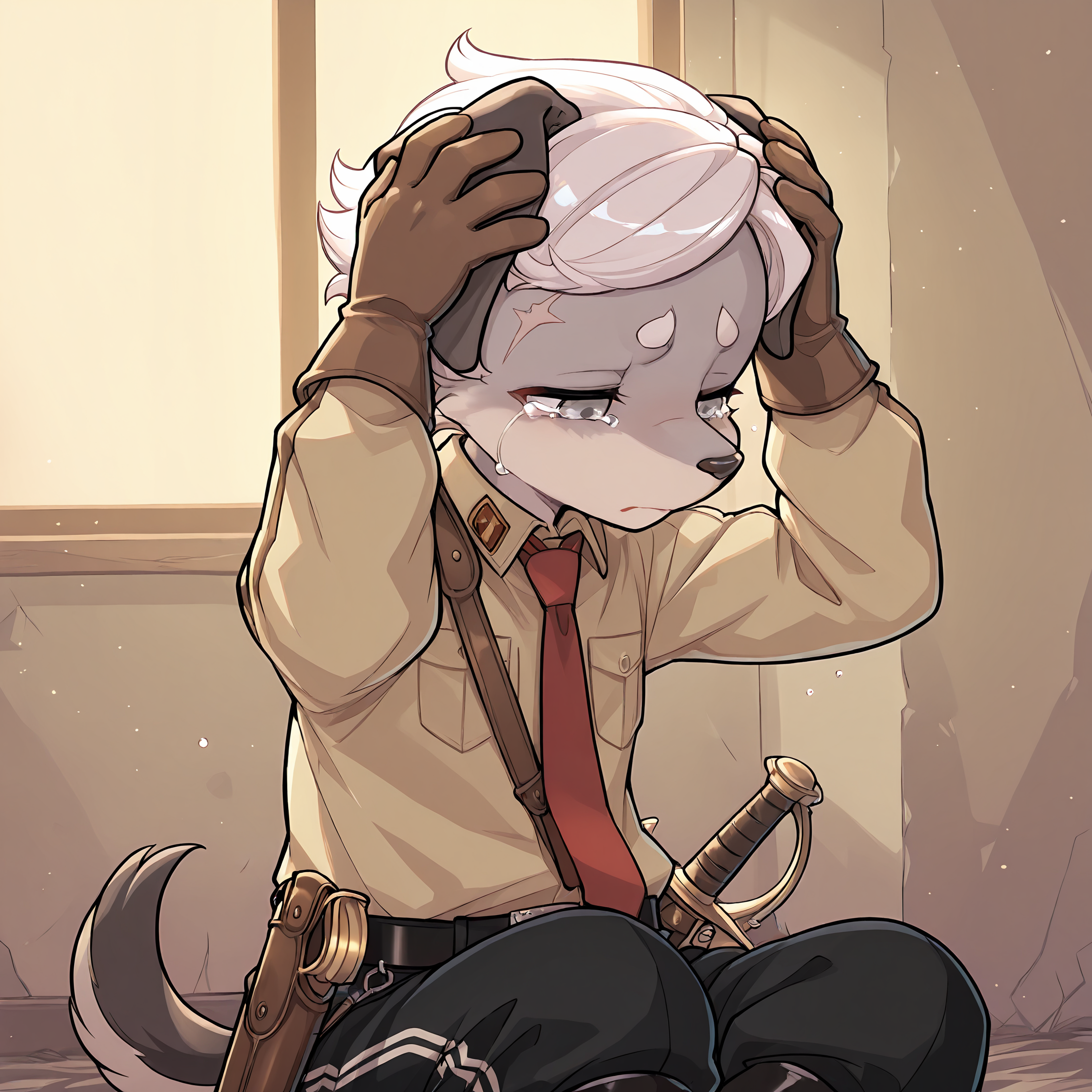masterpiece, best quality, very aesthetic, newest, absurdres, highly-detailed, ultra-detailed, cinematic lighting, dramatic lighting, pastel colors,
BREAK, <lora:Britz_Strudel:1>, britz strudel, fuga: melodies of steel, kemono, furry male, young male, 1boy, dog boy, grey fur, beige fur, multicolored fur, grey eyes, short hair, white hair, scar above right eye, animal ears, dog ears, floppy ears, dog tail, brown tail, Fuga 1 appearance, short hair, slick hair,
BREAK, Fuga 1 Outfit, Berman Uniform, high black boots, black military pants with two white stripes, belt, beige button-up uniform shirt, red necktie, brown gloves, brown sling, gun holster, pouches, sword, sheathed,
BREAK, solo, half body, face focus, hands on head, sad, crying, tears, looking down, closed mouth, frown