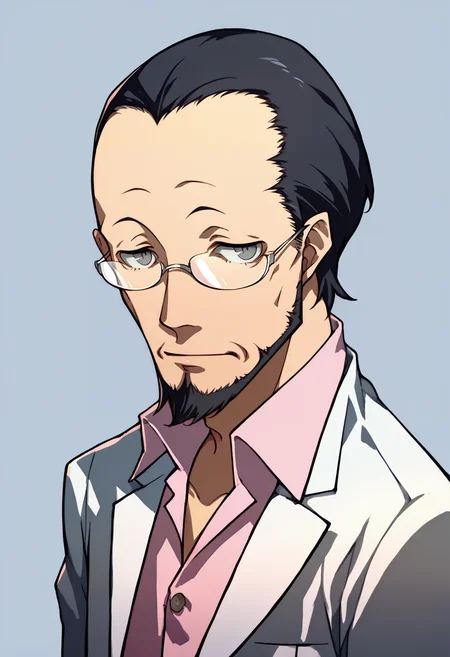 score_9, score_8_up, score_7_up, source_anime, BREAK, solo, 1boy, <lora:Sojiro-pdxl_Fp:1>, sojiro, short hair, black hair, beard, grey eyes, glasses, collared shirt, pink shirt, white suit, white pants, <lora:P4-Portraits-pdxl_Fp:1>, simple background, portrait,