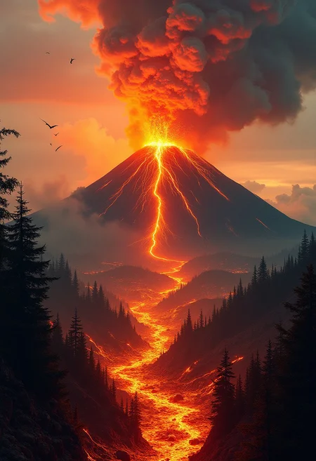 giant diamond double exposure errupting vulcano, surrealist artwork, salvador dali,Mountain, Burning trees, rivers of lava and Magma, clouds nature, art by dblx and photohelper and actionhelper, glassbiff