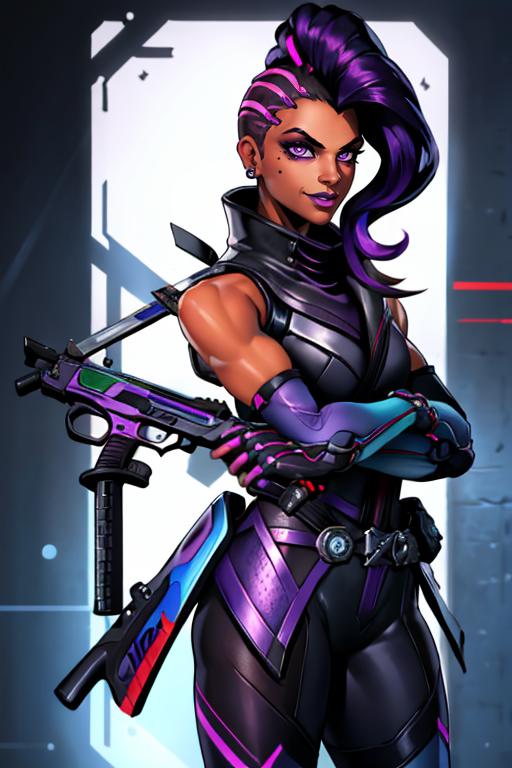 masterpiece,best quality,extreme detail,8k,image sharpness,<lora:sombra-10:0.8>, sombra2,1girl,solo,long hair,breasts,looking at viewer,smile,gloves,holding,bare shoulders,jewelry,purple eyes,upper body,weapon,purple hair,multicolored hair,earrings,sleeveless,elbow gloves,belt,dark skin,holding weapon,mole,two-tone hair,dark-skinned female,lips,gun,mole under eye,makeup,lipstick,holding gun,handgun,eyeshadow,asymmetrical hair,high collar,nose,stud earrings,eyeliner,undercut,trigger discipline,purple lips,finger on trigger,full body,