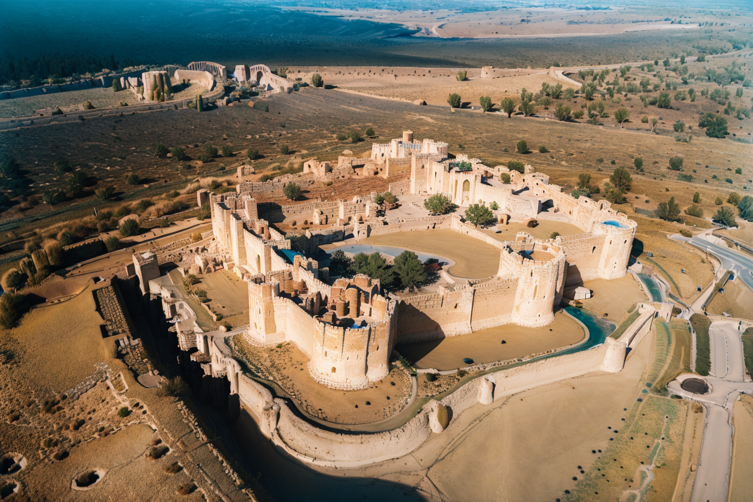 (masterpiece, best quality:1.2), ultra-detailed, Castle (desert sand terrain:1.3) , (realistic:1.5),  <lora:EdobMedievalCastleTopView_v1.0:1>