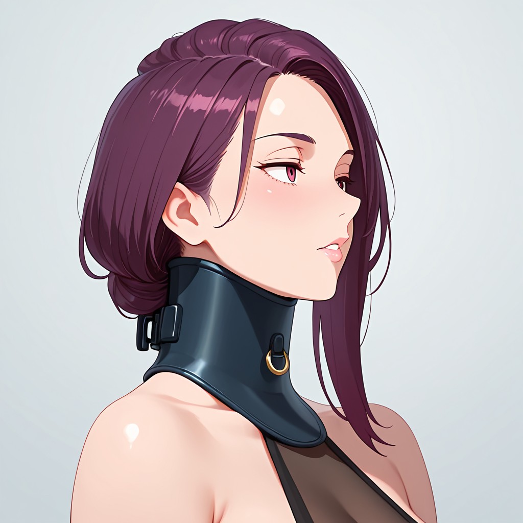 masterpiece, best quality, amazing quality, 1girl, 40 yo MILF, submissive, posture collar, bare shoulders, seen from side <lora:Posture Collar_epoch_12:1>