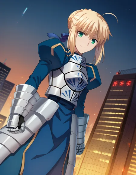 score_9, score_8_up, score_7_up, source_anime,
artoriapendragon, <lora:artoria-pendragon-hf-ponyxl-lora-nochekaiser:1>,
artoria pendragon, artoria pendragon \(fate\), saber, blonde hair, green eyes, ahoge, sidelocks,
hair bun, single hair bun, braid, dress, ribbon, hair ribbon, armor, gauntlets, armored dress,
outdoors, cityscape, smile,
looking at viewer, dutch angle,