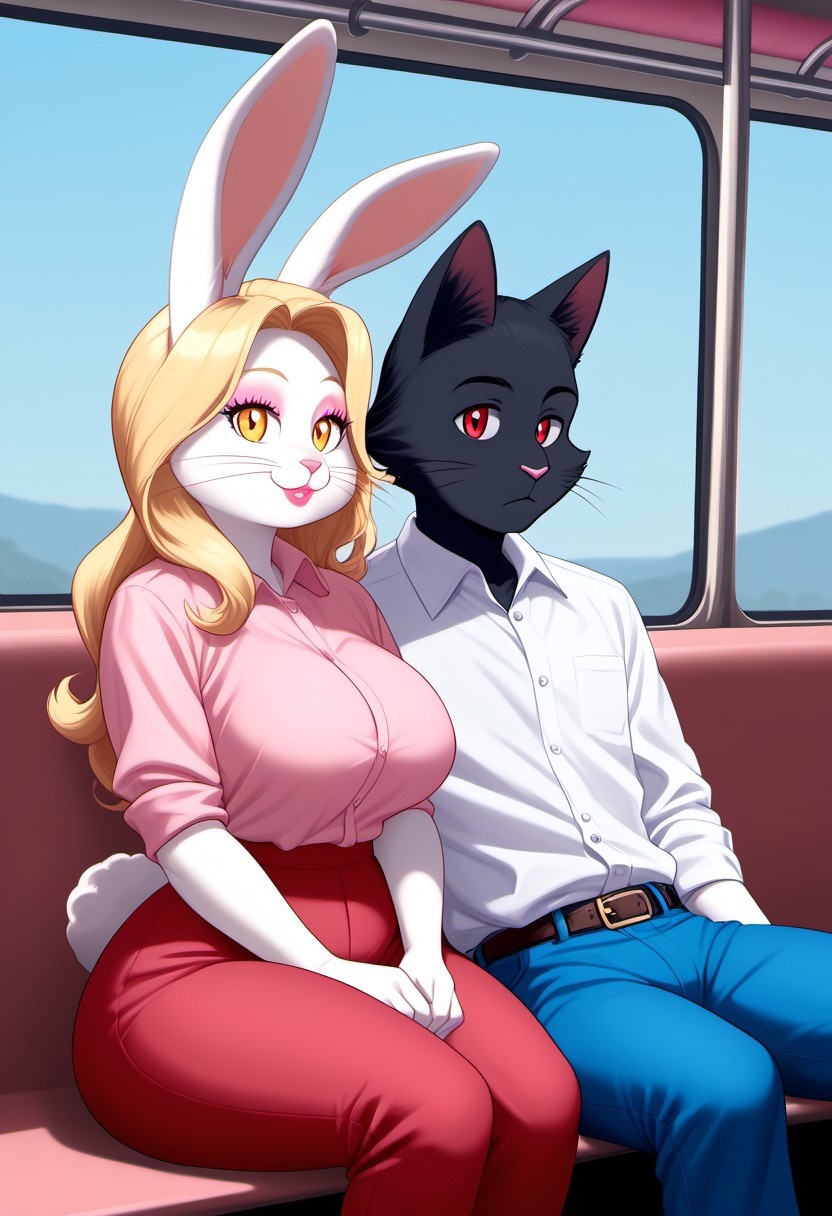 score_9, score_8, score_7, source_furry, source_anime, detailed face, detailed eyes, incredible detail, by lonbluewolf BREAK 1girl, rabbit, anthro, furry female, white bunny ears, ear tuft, white bunny tail, red eyes, pink nose, body fur, white fur, white body, blonde hair, long hair, curvy body, huge ass, large breasts, voluptuous, thin waist, wide hips, thick thighs, makeup, pink lipstick, pink eyeshadow, pink shirt, red pants, leaning on person side-by-side, sitting, hetero, couple, train interior, leaning on person, BREAK 1boy, anthro, furry male, domestic cat, black fur, monotone fur, yellow eyes, pink nose, whiskers, tail, white shirt, blue pants
