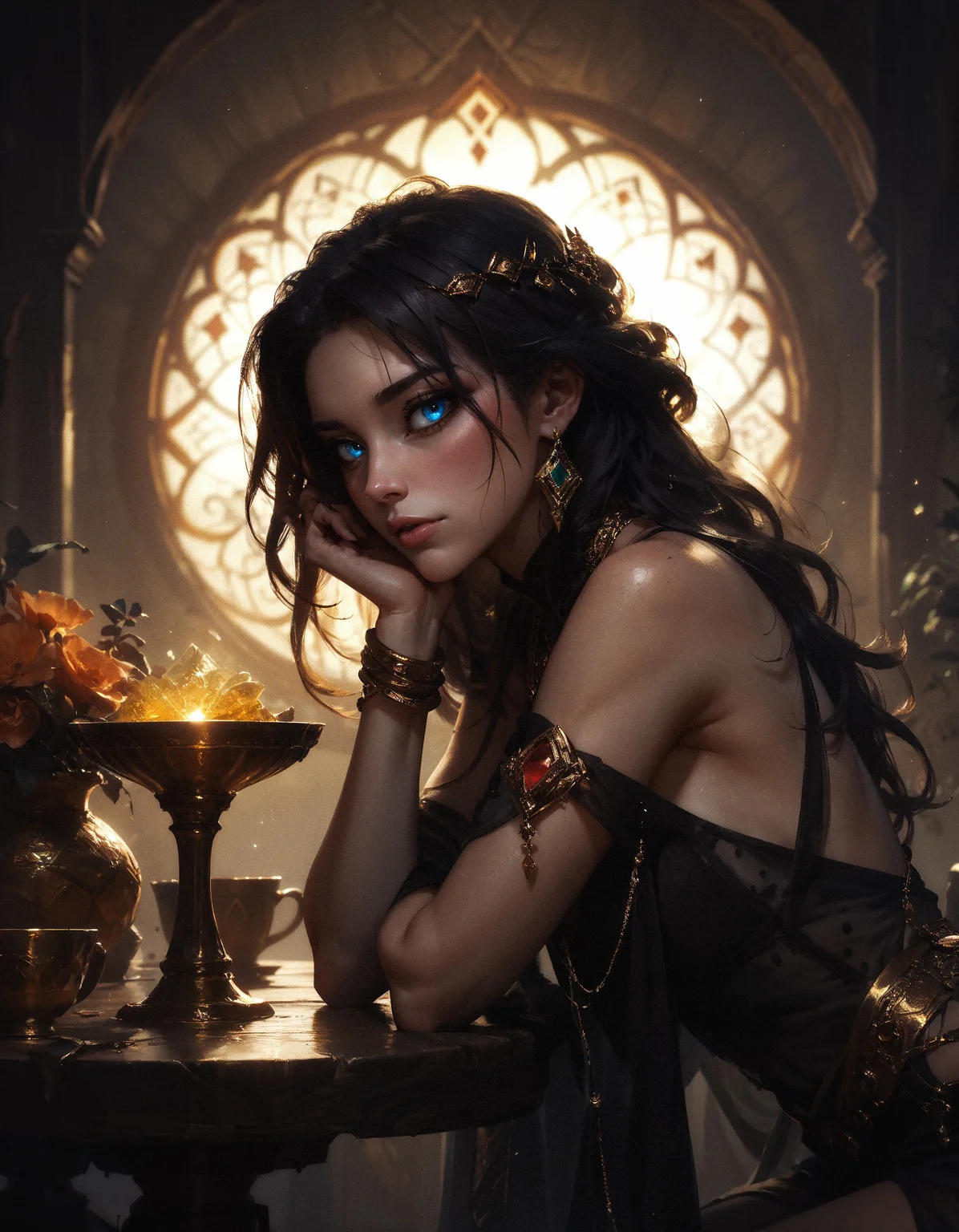 score_9, score_8_up, score_7_up, score_6_up, score_5_up, score_4_up, concept art, side view, woman on dining table, looking at viewer, epic, cinematic lighting, gold, jewels, table, golden cup, black velvet fabric, black satin