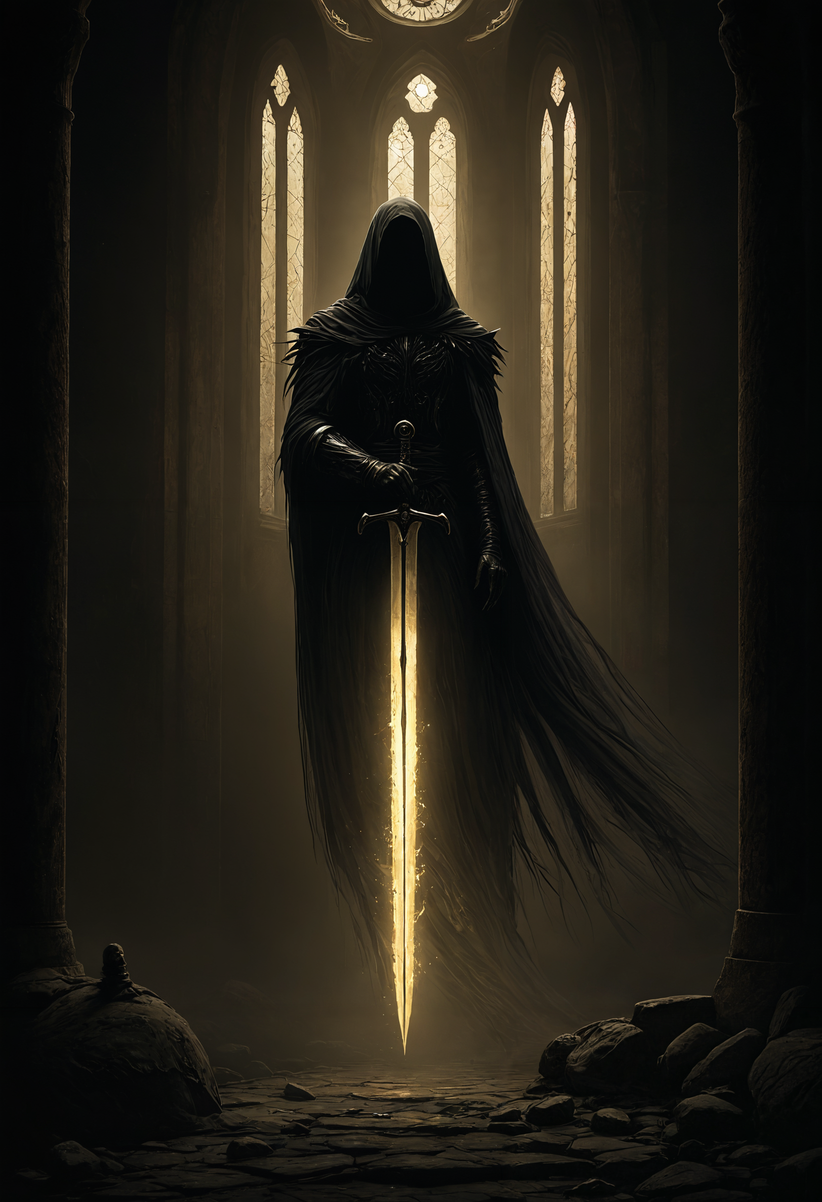 art by Ben Templesmith and hr giger, Fantasy painting of a spectral figure with a long, tattered robe, floating through the air. The ghost is illuminated with a faint beige glow, casting an eerie, ethereal light. Its robe is shredded and flowing, giving a ghostly appearance, and it holds a broken longsword, the blade fractured and jagged. The ghostâs face is shadowy and indistinct, enhancing the haunting effect. The background features a dark, gothic cathedral with towering arches and stained glass windows, shrouded in shadows. The scene is rendered in cel shading, with a dark fantasy aesthetic. The overall mood is ominous and mysterious, highlighting the ancient and worn aspects of the ghost and its surroundings. <lora:- Flux1 - vanta_black_V1.0.safetensors:0.5>,  <lora:aidmaImageUpgrader-FLUX-V0.1.safetensors:1.0>, detailmaximizer <lora:Dever_Flux_Enhancer.safetensors:0.5>, dev <lora:FluxFantasyKnightsV1.safetensors:1.0>, hkstyle