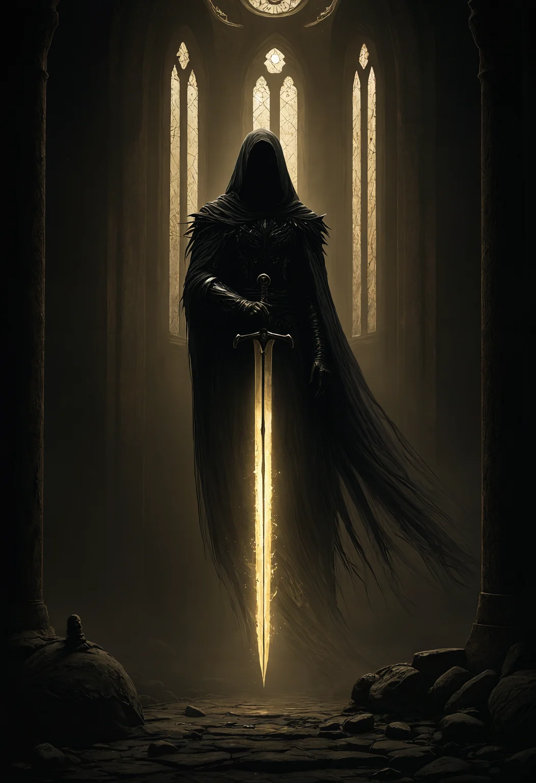 art by Ben Templesmith and hr giger, Fantasy painting of a spectral figure with a long, tattered robe, floating through the air. The ghost is illuminated with a faint beige glow, casting an eerie, ethereal light. Its robe is shredded and flowing, giving a ghostly appearance, and it holds a broken longsword, the blade fractured and jagged. The ghostâs face is shadowy and indistinct, enhancing the haunting effect. The background features a dark, gothic cathedral with towering arches and stained glass windows, shrouded in shadows. The scene is rendered in cel shading, with a dark fantasy aesthetic. The overall mood is ominous and mysterious, highlighting the ancient and worn aspects of the ghost and its surroundings. <lora:- Flux1 - vanta_black_V1.0.safetensors:0.5>, <lora:aidmaImageUpgrader-FLUX-V0.1.safetensors:1.0>, detailmaximizer <lora:Dever_Flux_Enhancer.safetensors:0.5>, dev <lora:FluxFantasyKnightsV1.safetensors:1.0>, hkstyle