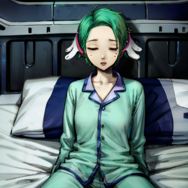 best quality, masterpiece, stella, short hair, green hair, blue eyes, a mole under left eye, sleeping on bed, Pajamas, spaceship interior