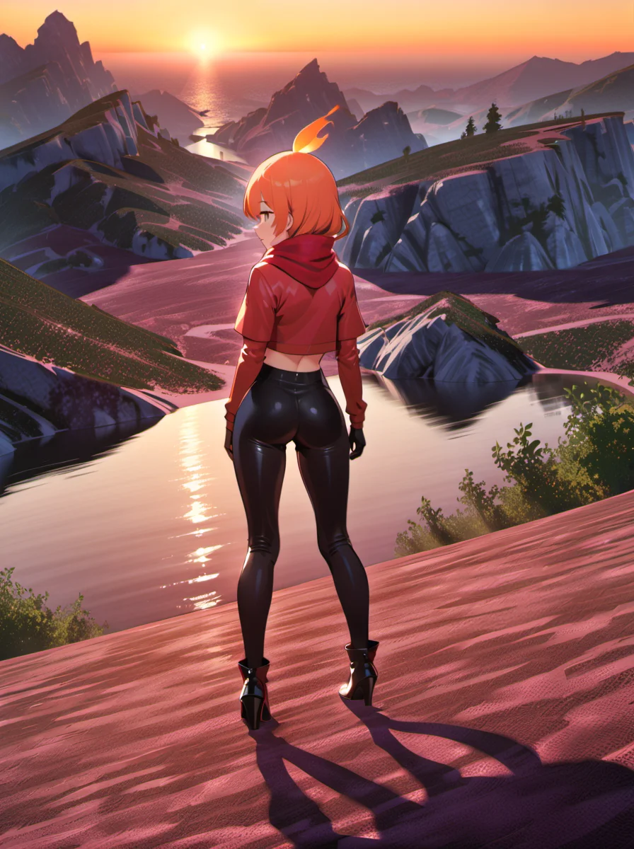 palworld-flambelle, <lora:palworld_flambelle_xl_lora_v3:0.7>,
masterpiece, best quality, sunset, fantasy landscape, full body, red jacket, cropped jacket, red scarf, black pants, high heel boots, standing