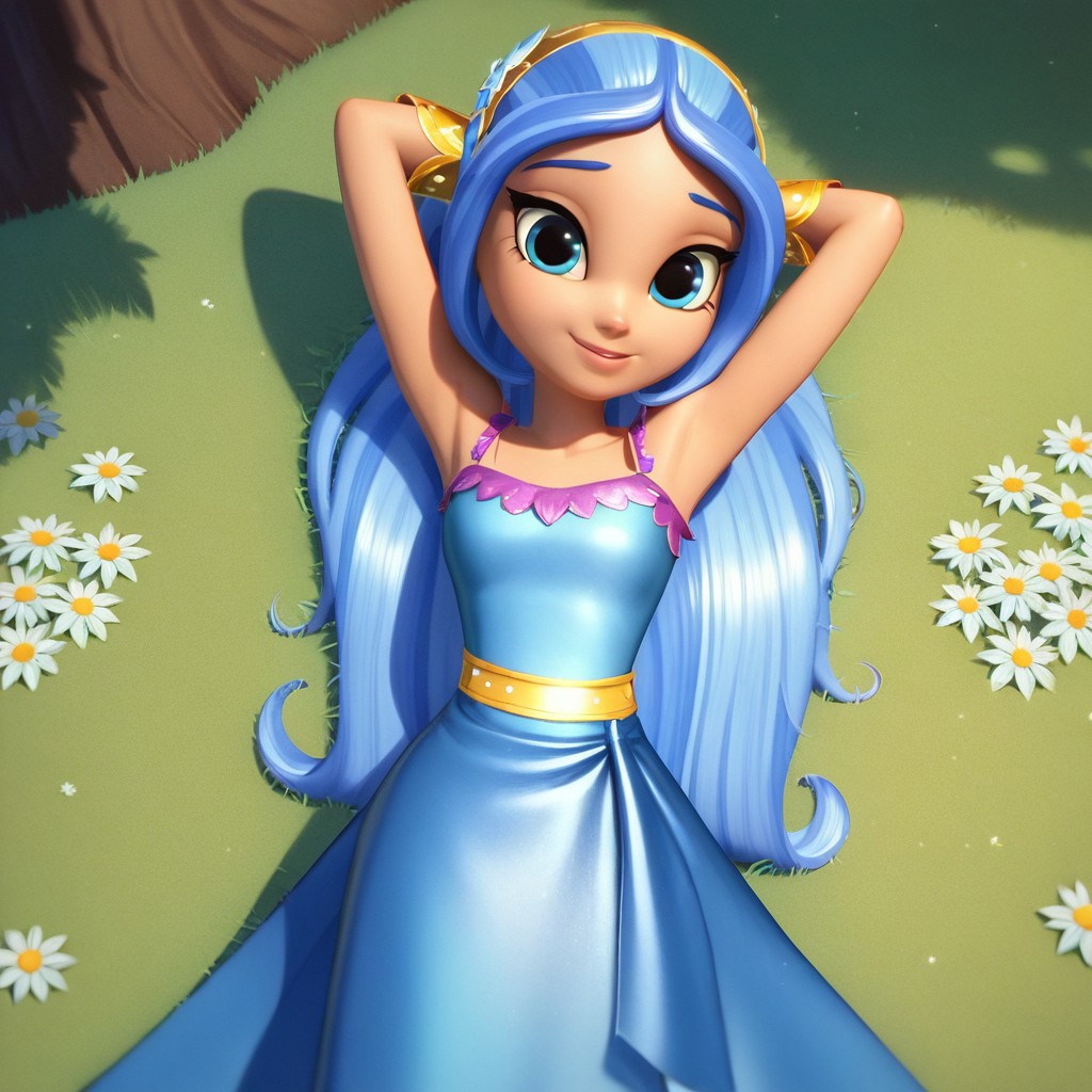 score_9, score_8, score_7, break, solo, gigi_sh, 1girl, blue hair, long hair, hairband, blue eyes, dress, wristband, arms behind head, on back, grass, flowers, shadows, sunlight, looking at viewer, smile, tree