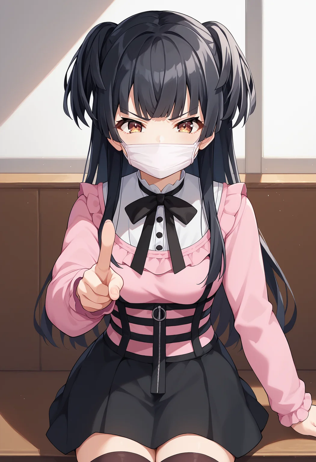 score_9, score_8_up, score_7_up, source_anime, 1girl, mayuzumi fuyuko, long hair, black hair, two side up, brown eyes, jirai kei, pink shirt, neck ribbon, black skirt, black thighhighs, mouth mask, pointing at viewer, annoyed, facing viewer, indoors <lora:hskc-fuyuko-pony-v0.5:1>