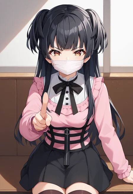score_9, score_8_up, score_7_up, source_anime, 1girl, mayuzumi fuyuko, long hair, black hair, two side up, brown eyes, jirai kei, pink shirt, neck ribbon, black skirt, black thighhighs, mouth mask, pointing at viewer, annoyed, facing viewer, indoors <lora:hskc-fuyuko-pony-v0.5:1>