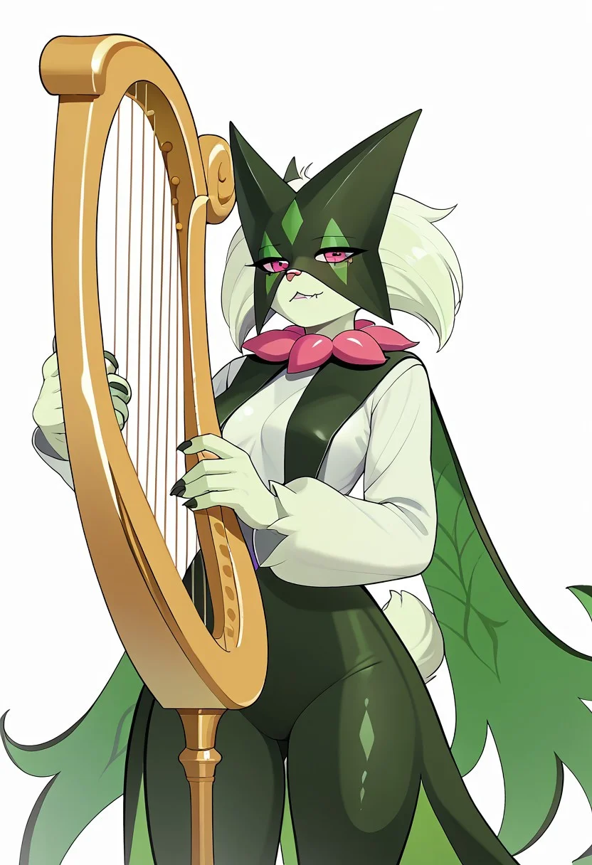 score_9, score_8_up, score_7_up, score_6_up, solo, from front,
Meowscarada in a silk dress, playing the harp