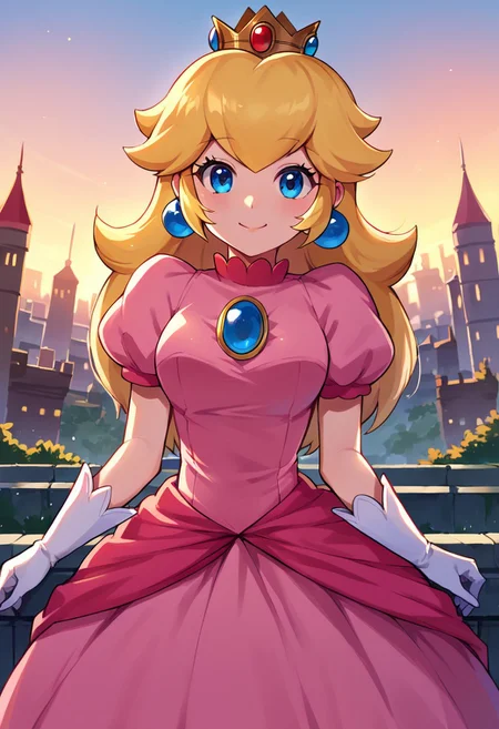 score_9, score_8_up, score_7_up, source_anime,
princesspeach, <lora:princess-peach-chibi-ponyxl-lora-nochekaiser:1>
princess peach, blonde hair, blue eyes, long hair, smile,
crown, dress, gem, gloves, pink dress, puffy short sleeves, puffy sleeves, short sleeves, white gloves,
outdoors, cityscape,
looking at viewer, dutch angle, cowboy shot