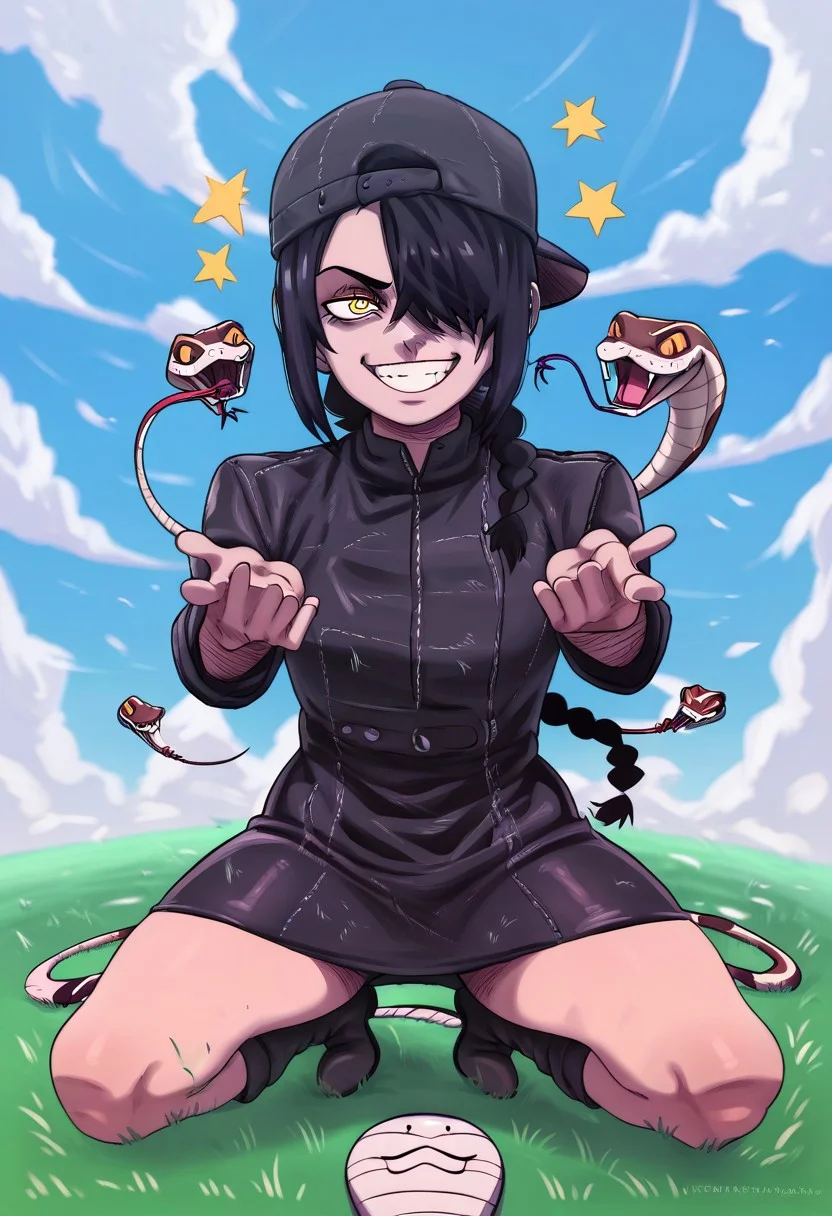 score_9, score_8_up, score_7_up, score_6_up, score_5_up, (D-ART, D-ART Style, 18dart3, 18dart2, 18DART1, !!, ??, Nayuta, 1girl, ringed eyes, black hair, yellow eyes, single braid, medium hair, hair over one eye, backwards hat, leather jacket, denim dress, pair of socks, boots, evil laugh, rainbow, snake, grass, clear sky)