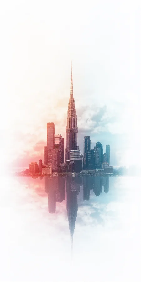 In the center of a plain, white background, a vibrant wallpaper art masterpiece showcases the stunning scene of The City of Awe. Dense, with its iconic skyline, is depicted in the style of this unique and captivating composition.