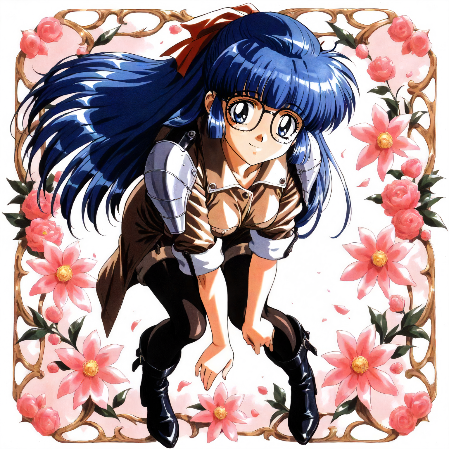 <lora:RC_maria_custardXLanimagine001>,
masterpiece,high score,great score,absurdres,
flower background,glitter,
smile,
looking at viewer,
solo,
anime coloring,retro artstyle,1990s (style),
maria_custard\(rance_series\),1girl,blue hair,half updo,hair ribbon,long hair,blue eyes,glasses,
brown shirt,wide collar,silver shoulder pad,sleeves rolled up,
brown shorts,
black_pantyhose,black boots,
full body,
standing,